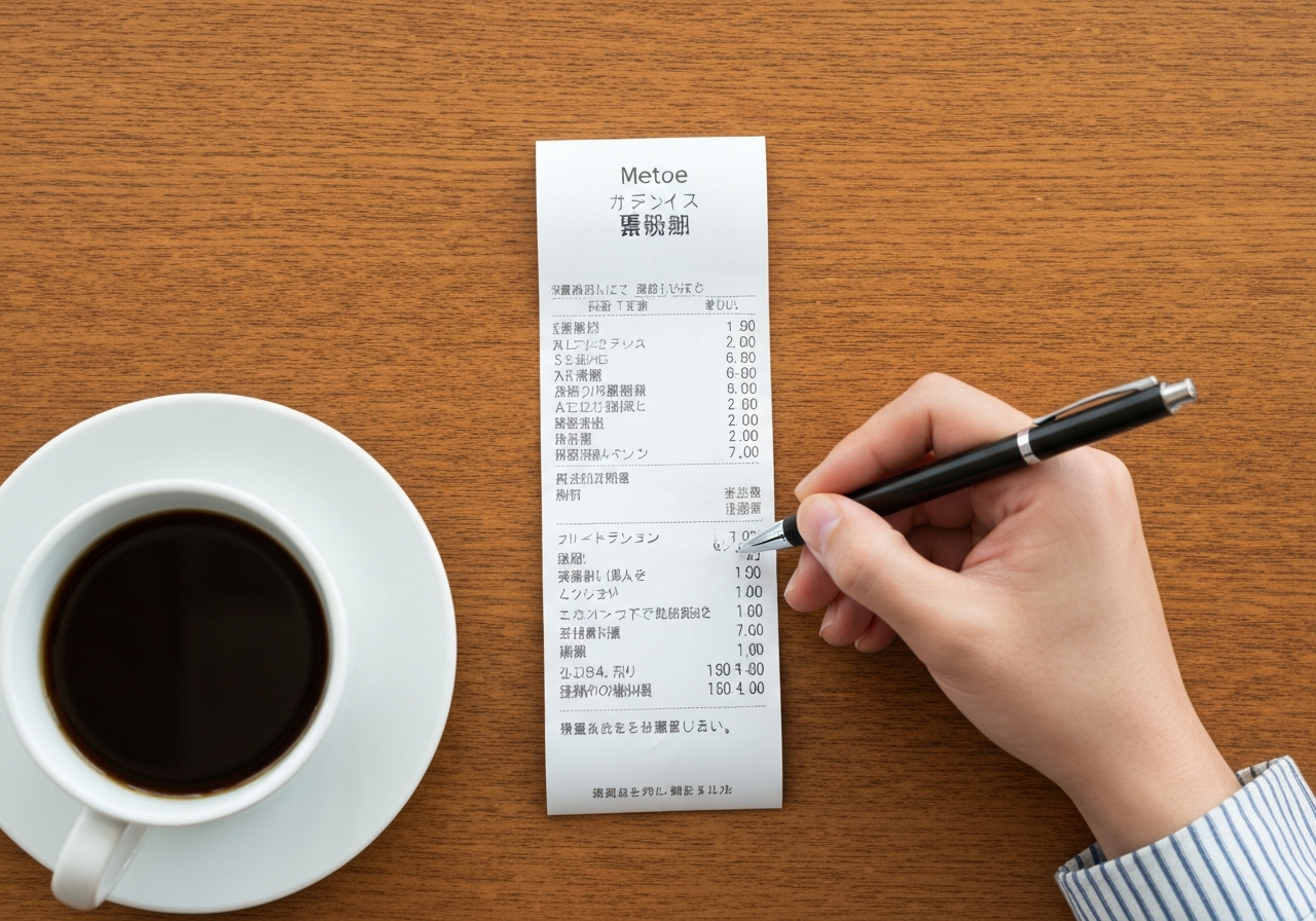 領収書に会食の相手と目的をメモしている様子