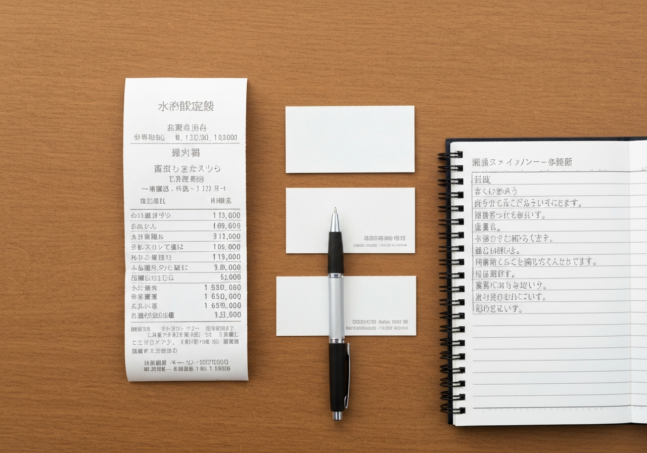 交際費、会議費、福利厚生費など、経費の仕分けを検討している様子を示すデスク上の書類。