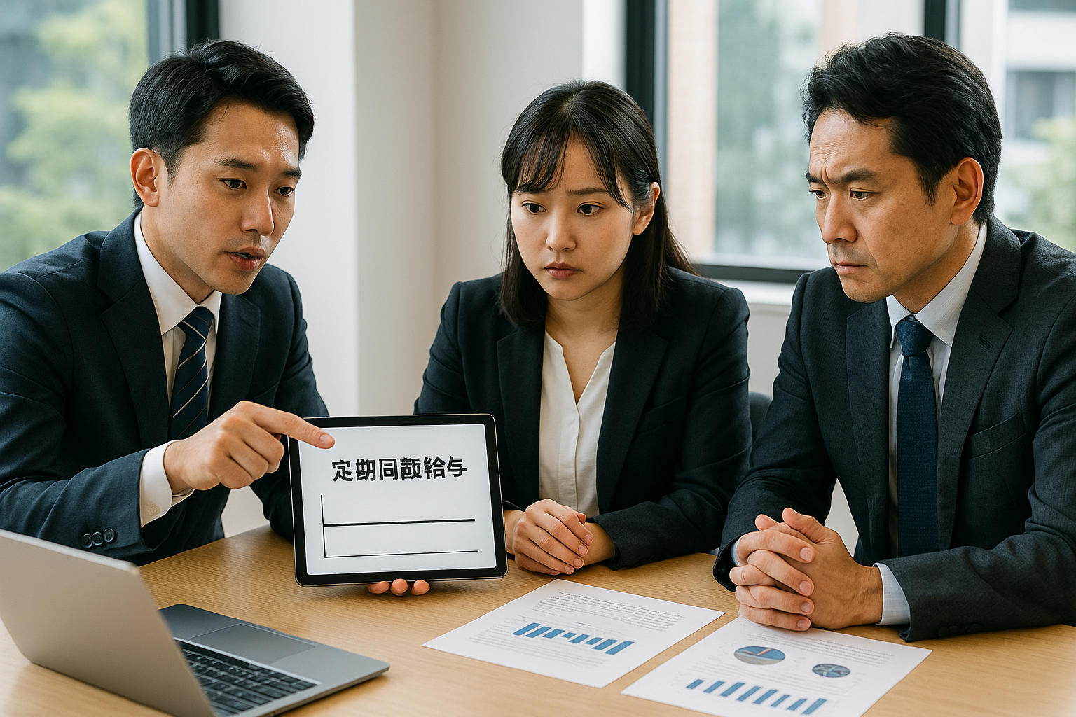 会議室で「定期同額給与」と書かれた資料を見ながら打ち合わせをするビジネスパーソン。役員給与のルールについて専門家から説明を受けている。