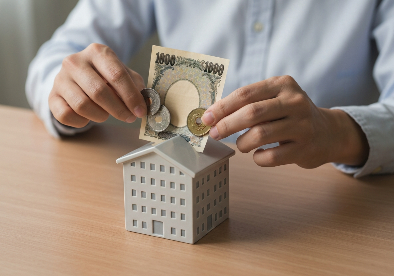 会社の経費を節約し、貯金箱にお金を入れるイメージ。出張日当による節税効果を象徴している。