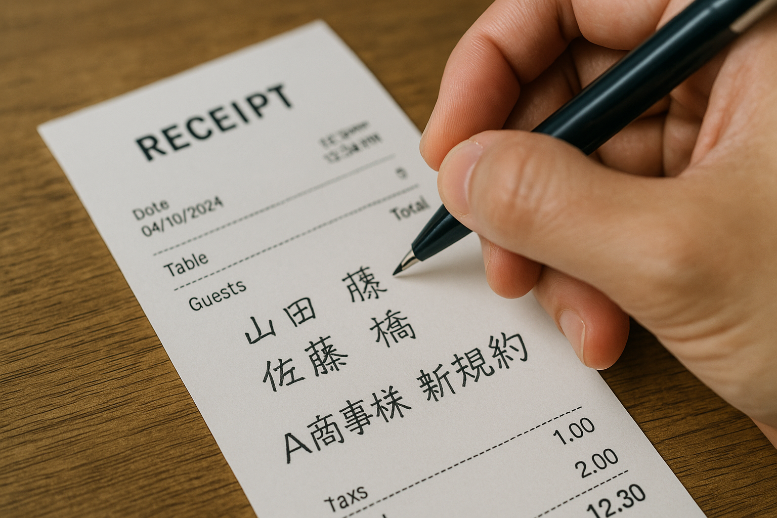 税務調査対策として、領収書の裏に参加者と目的をメモしている様子の写真。