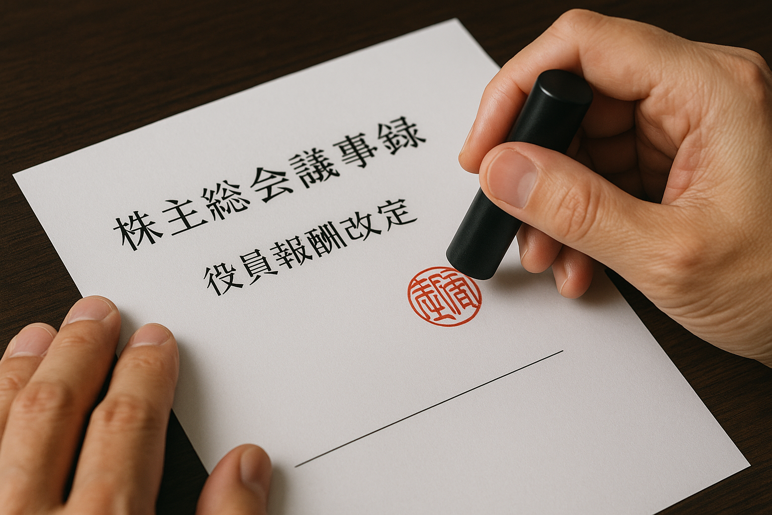 「役員報酬改定」と記載された株主総会議事録に押印する様子。定期同額給与の変更には正式な手続きが必要であることを示している。