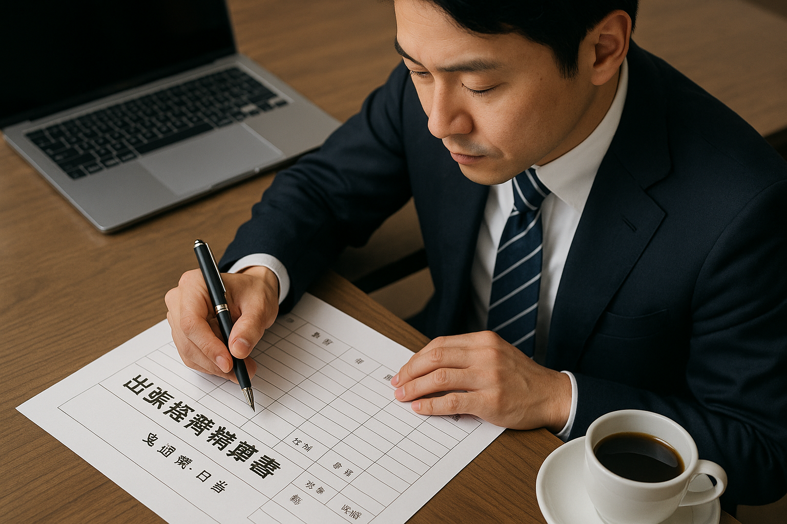 出張旅費規程に基づき、旅費精算書を記入している様子。正しい運用が重要であることを示している。