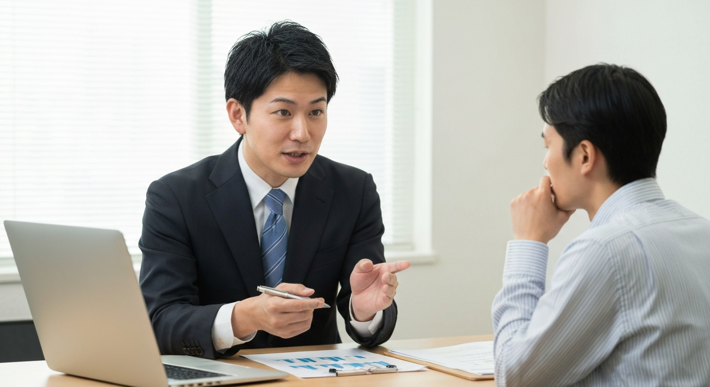 公認会計士がクライアントである経営者に事前確定届出給与について説明している。専門家への相談の重要性を示している。