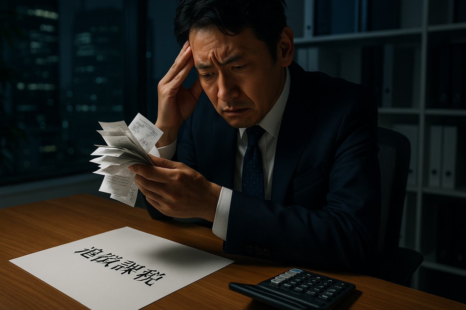交際費が否認され、追徴課税の通知を見て頭を抱える経営者のイメージ。