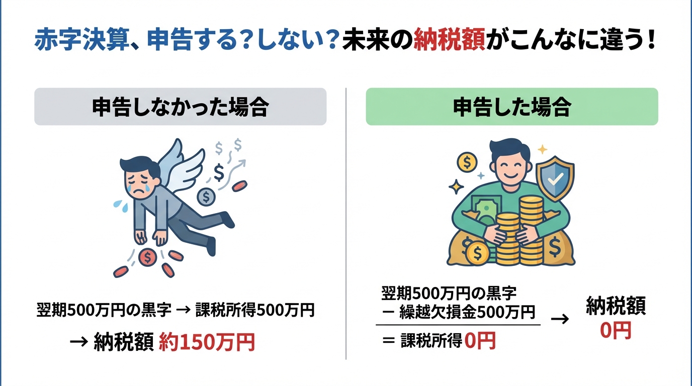 欠損金の繰越控除を使った場合と使わなかった場合の納税額比較シミュレーション。申告すれば翌期の税金が約150万円節約できることを示している。