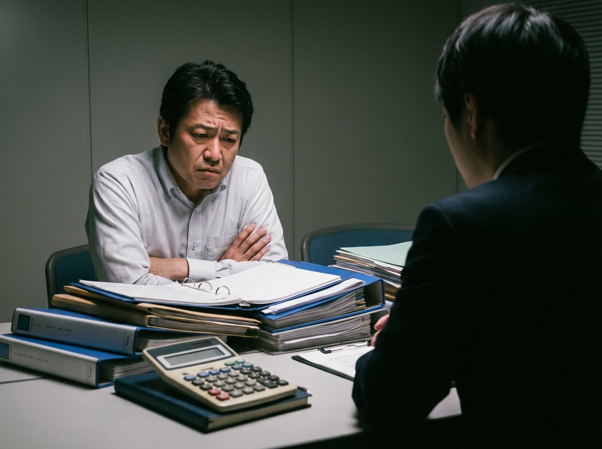 税務調査で役員報酬について指摘され、頭を抱える経営者。