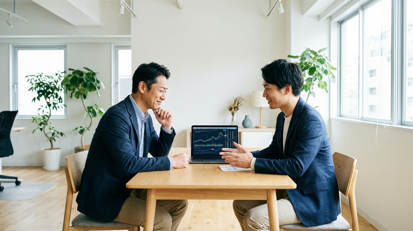 公認会計士から役員報酬のシミュレーション結果について説明を受け、納得する経営者