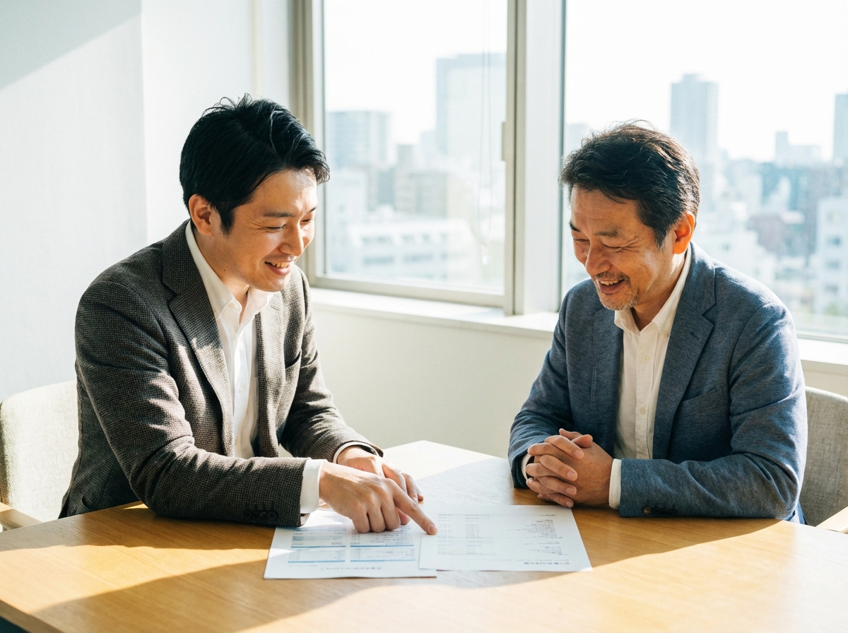 税理士と経営者が決算書を見ながら経営改善について話し合っている。赤字決算が未来への第一歩となることを示唆している。